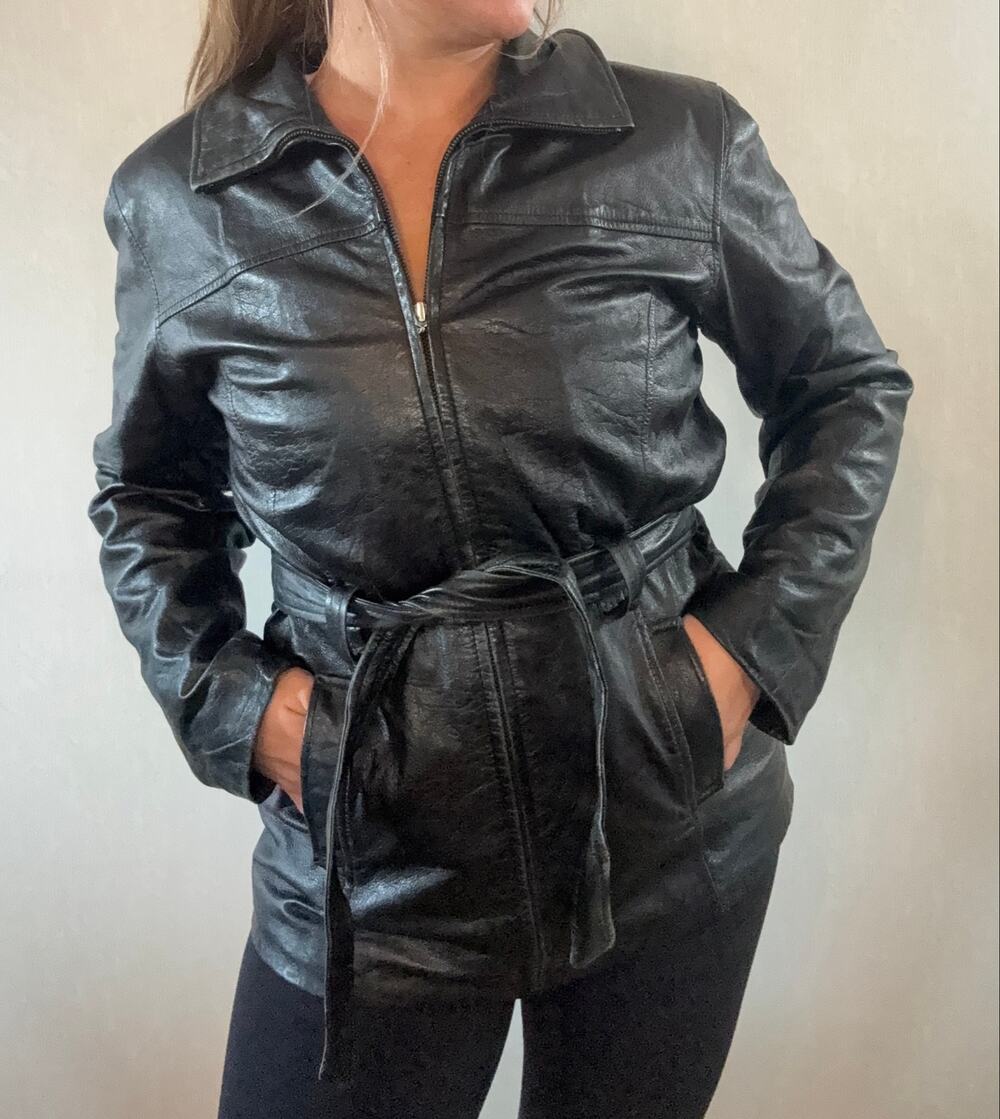 JLC New York Black Genuine Leather Belted Jacket Women’s Small Y2K
